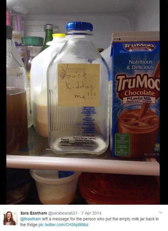  We can see why this flatmate was annoyed when their housemate put an empty milk bottle back in the fridge