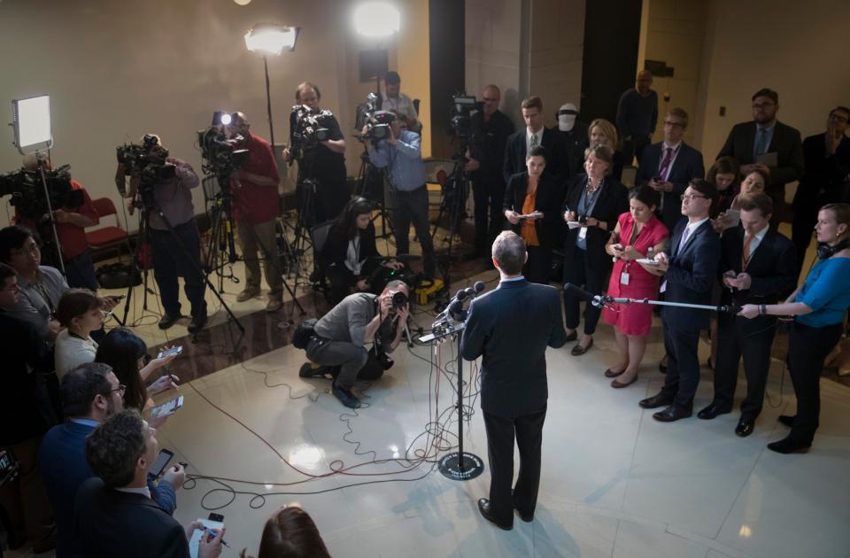  Democrat Adam Schiff speaks to reporters following a briefing at the Capitol