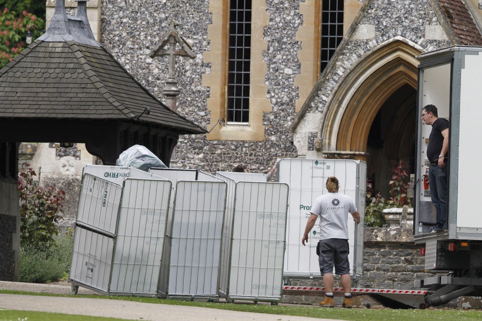 Cables and chairs were seen arriving in vans and being unloaded at the church