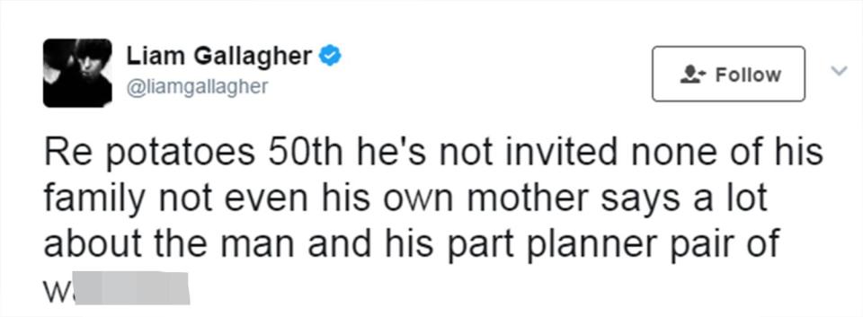  Liam tweeted his fury that Noel hadn't even invited his own mother to his party