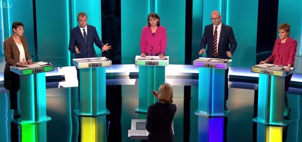 Caroline Lucas, Tim Farron, Leanne Wood, Paul Nuttall and Nicola Sturgeon are debating in a live ITV head-to-head event