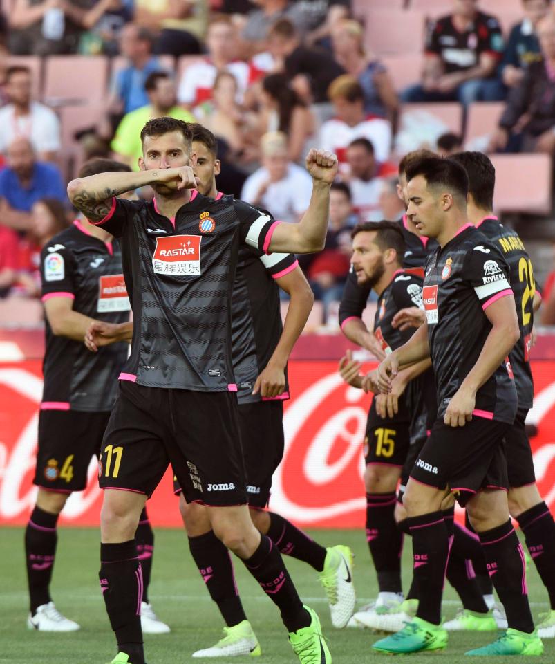  Leo Baptistao celebrates after putting Espanyol ahead in Granada