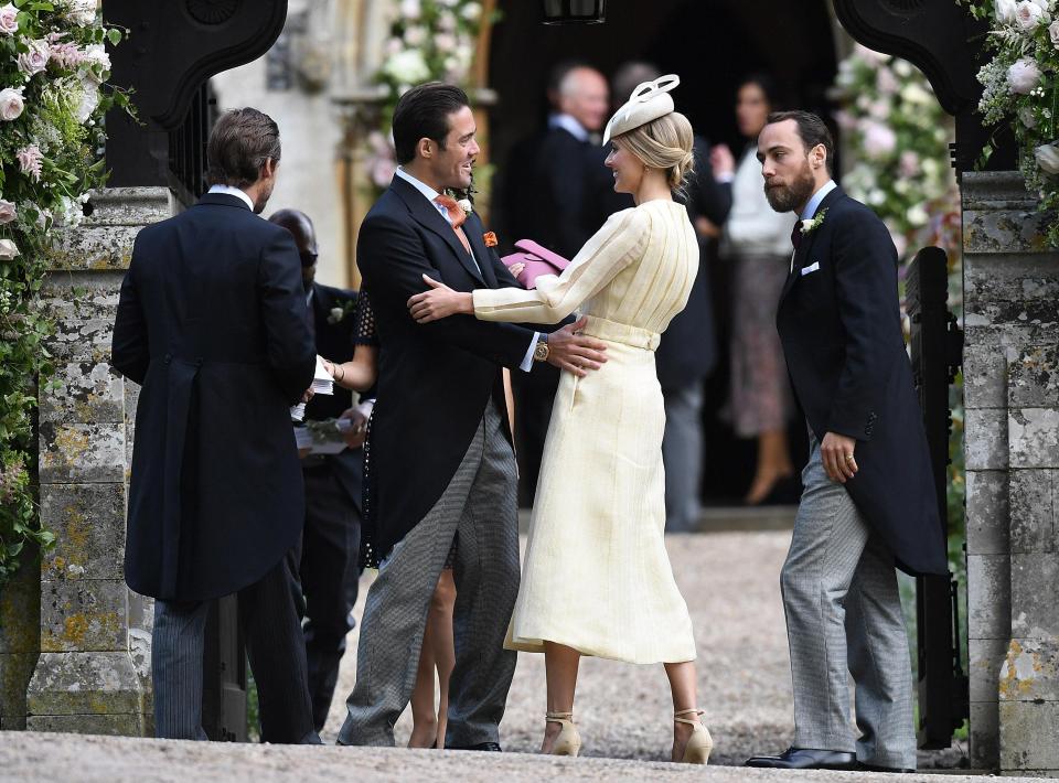  Spencer Matthews greets Pippa's brother's girlfriend Donna Air outside the church