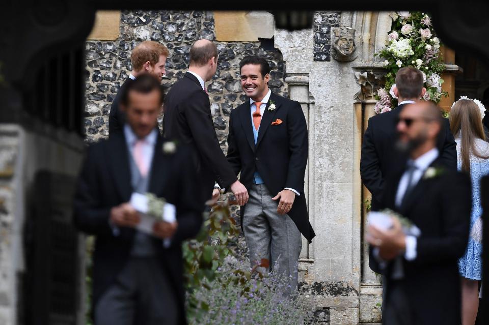  Princes Harry and William met with the groom's brother, reality TV star Spencer Matthews, who grinned from ear to ear