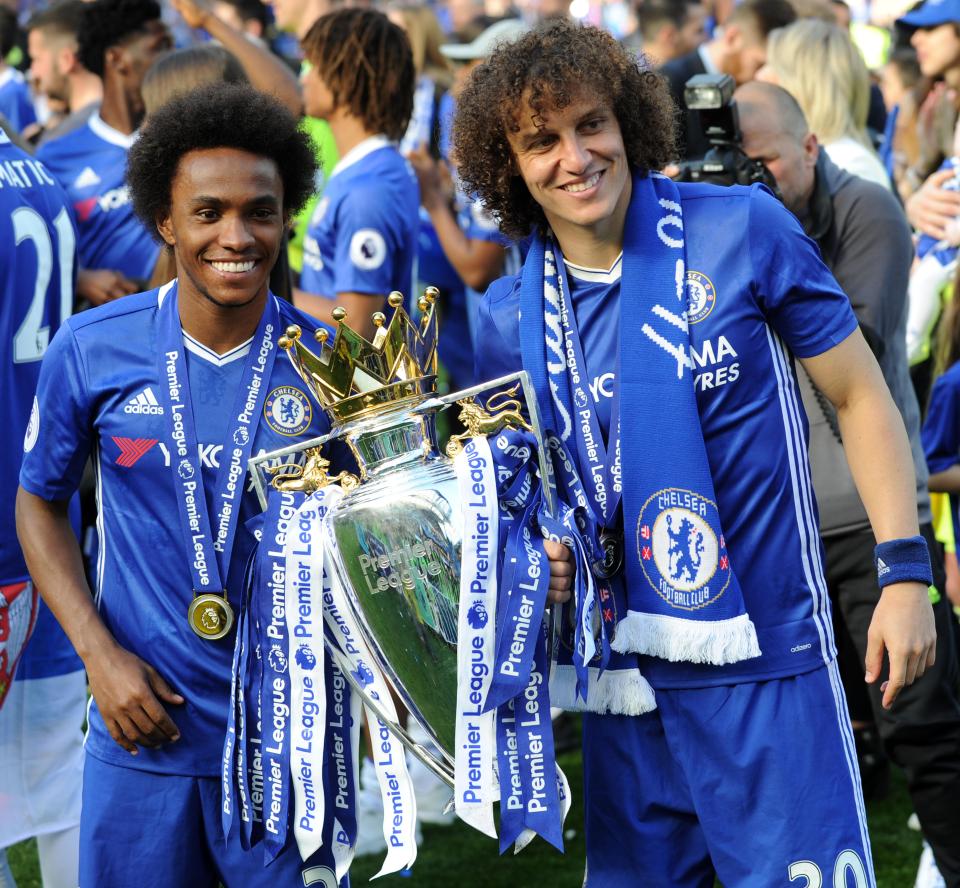  Willian celebrates with David Luiz after winning the Premier League - now he is targeting the Champions League