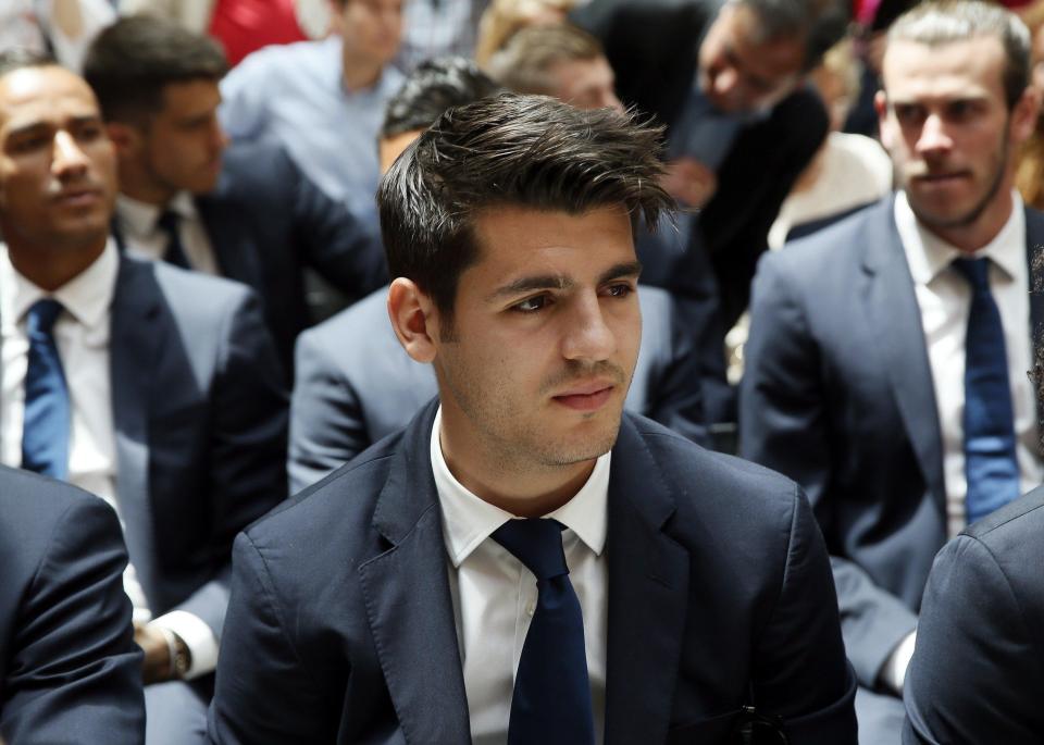  Alvaro Morata at a ceremony following Real Madrid's title-winning party