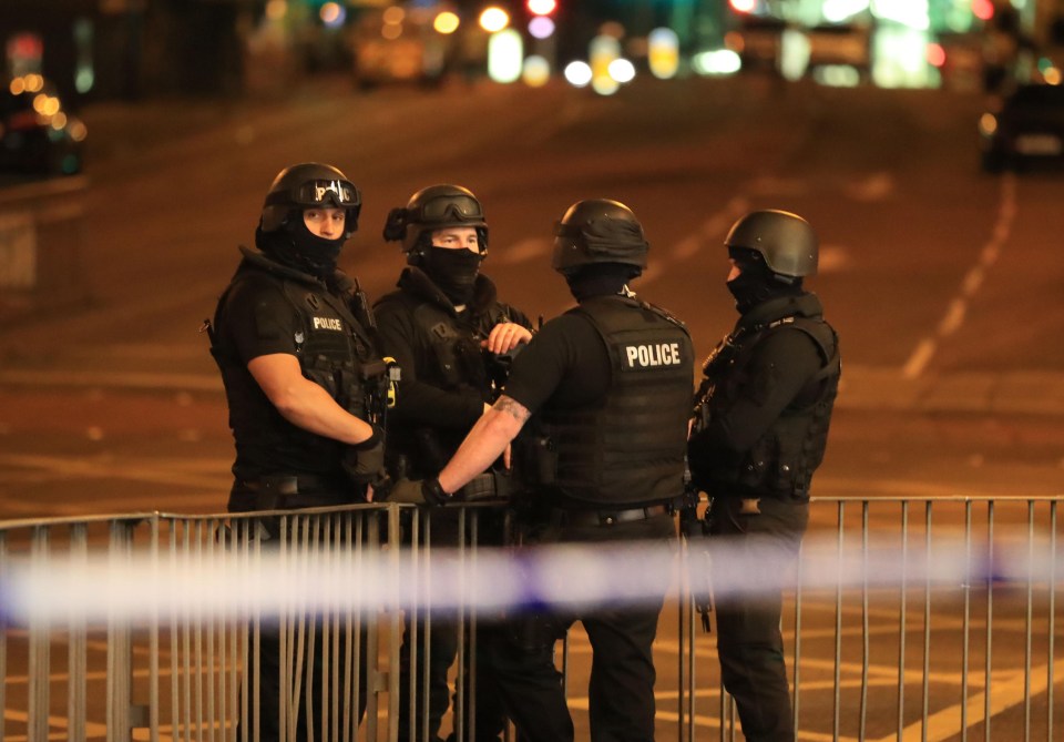 Police rushed to the scene after the explosion in Manchester last night