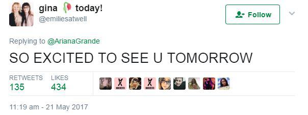  Georgina's tweet to Ariana Grande the day before the concert