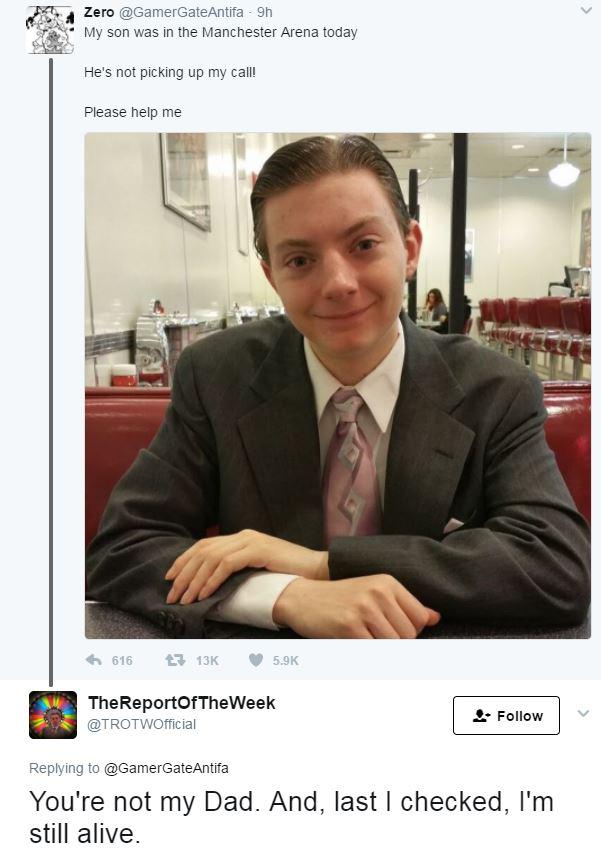  Twitter user @GamerGateAntifa posted a photo alleging their son was at the arena but the real person in the photo tweeted back to confirm it was fake