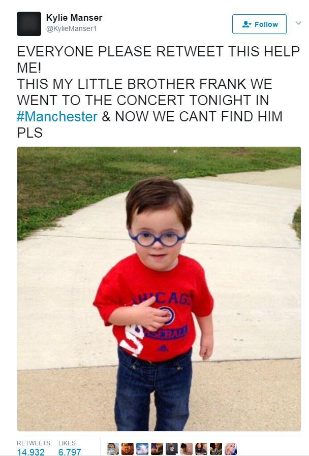  Twitter user Kylie Manser shared a post that claiming that her little brother, Frank, was missing after the incident