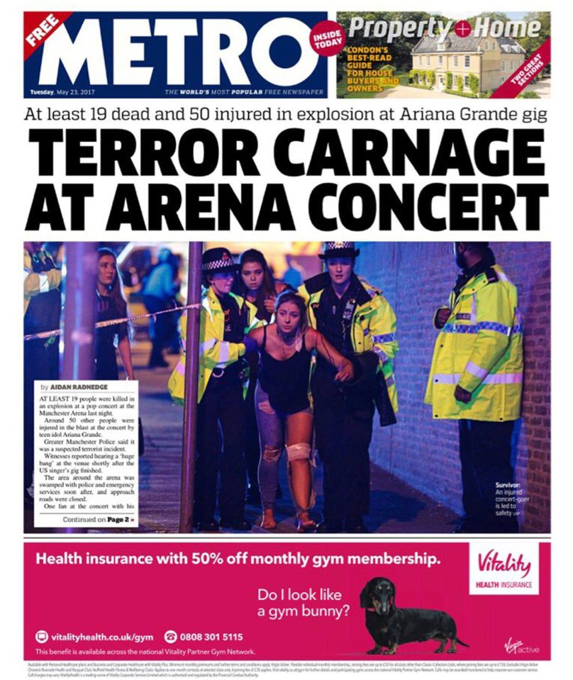  Free newspaper Metro described 'Terror carnage at arena concert'