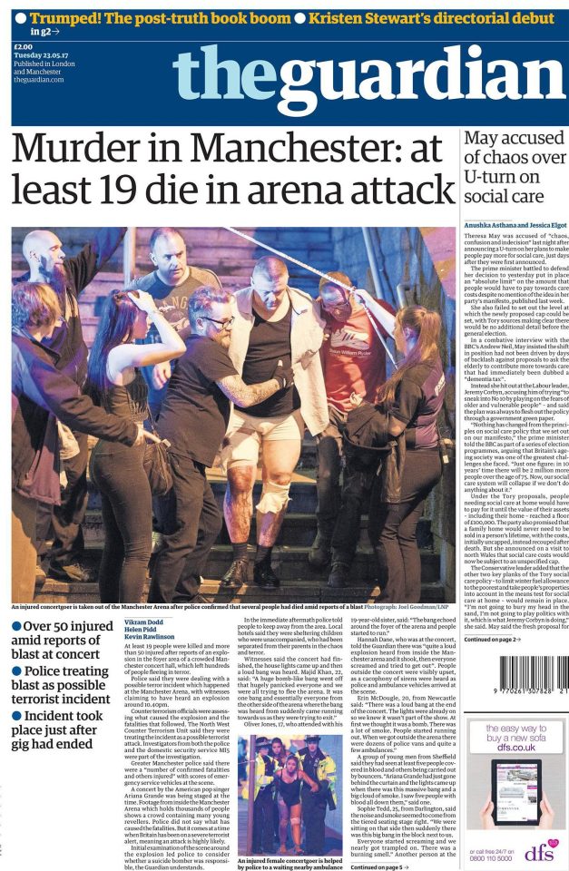  The Guardian's main headline was 'Murder at Manchester' in the wake of the news