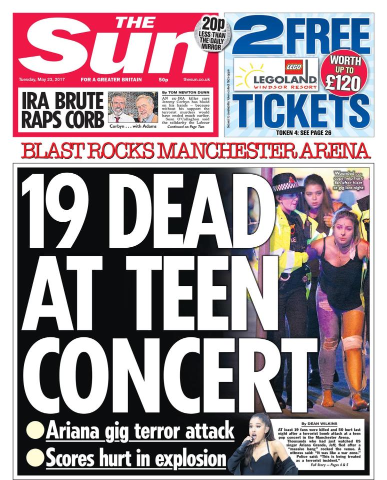  The Sun's later editions featured news of the terror attack on the Manchester Arena