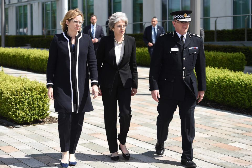  Ms Rudd visited police in Manchester yesterday with the PM