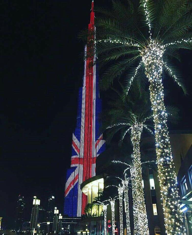  The Burj Khalifa in Dubai lit up with the Union Jack  in tribute to the victims of the Manchester attack