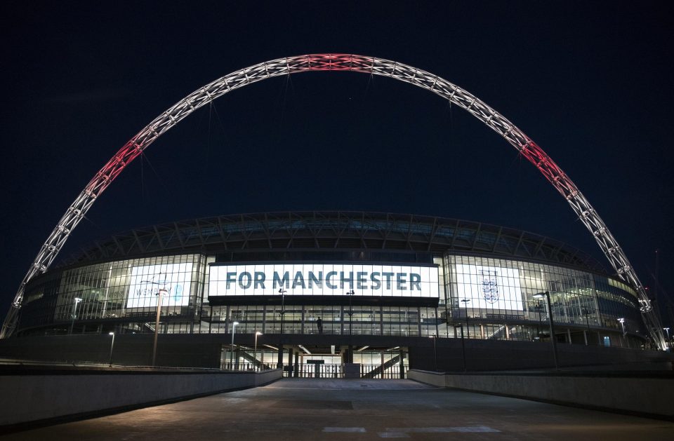  Wembley Stadium lit up after the Manchester concert bomb attack