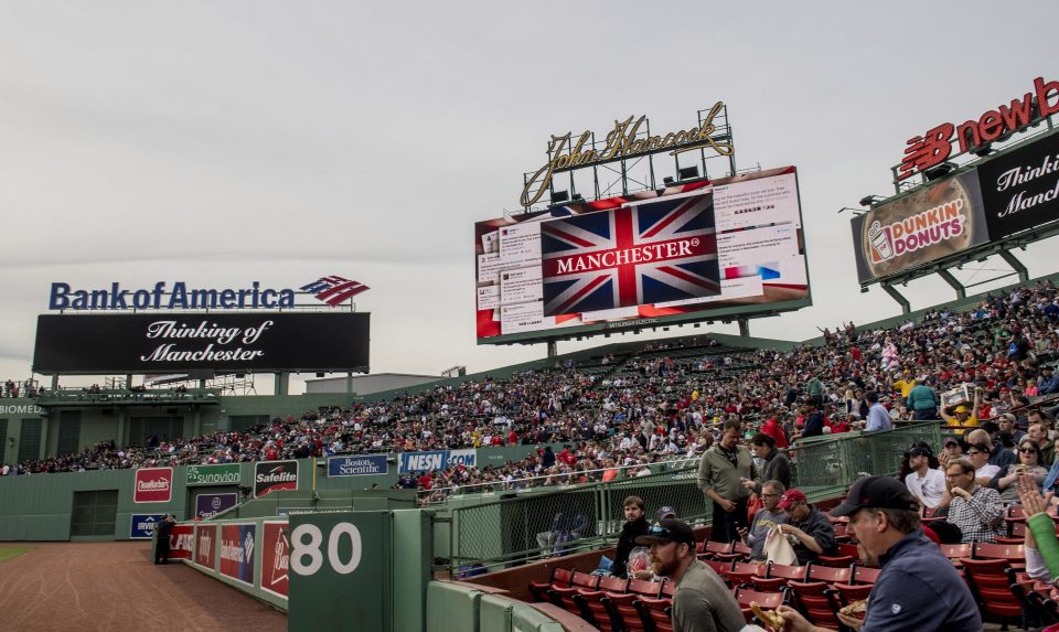  A moment of silence is held before a baseball game between the Boston Red Sox and the Texas Rangers in Boston, US