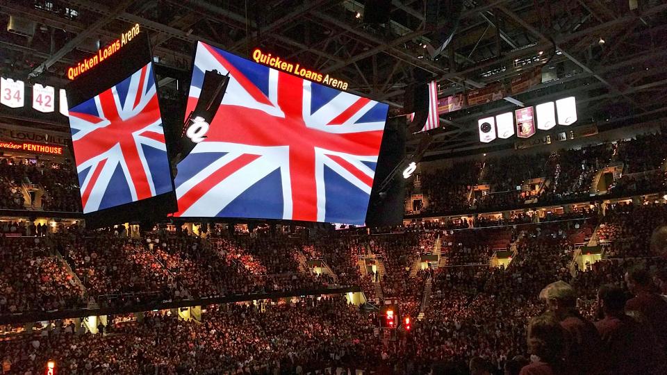  Scoreboard displays Union Jack before NBA play-off between the Cleveland Cavaliers and Boston Celtics at Cleveland, Ohio