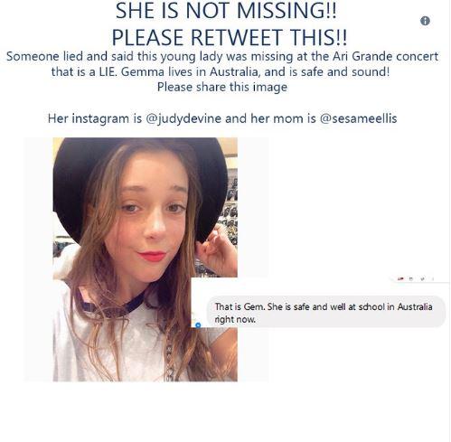  Once it was revealed that the picture was of Gemma and not of a victim missing in the attack, people started tweeting posts revealing it was fake