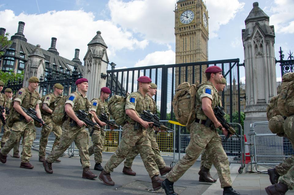  Soldiers of the Irish Guards and Parachute Regiment arrive to guard Parliament after the terror threat level was raised to critical following the Manchester bombing