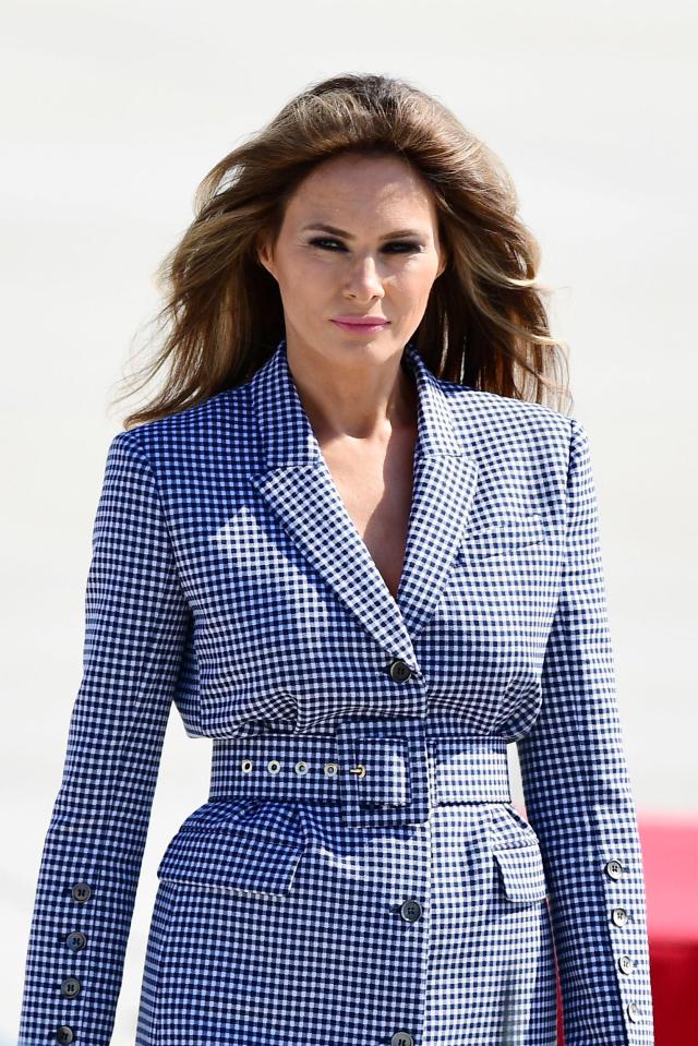  Melania is seen in a blue-and-white gingham look from Michael Kors while in Brussels