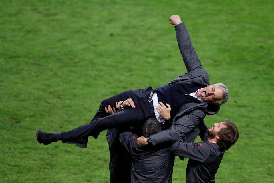  And Jose Mourinhos staff were just as ecstatic as their leader