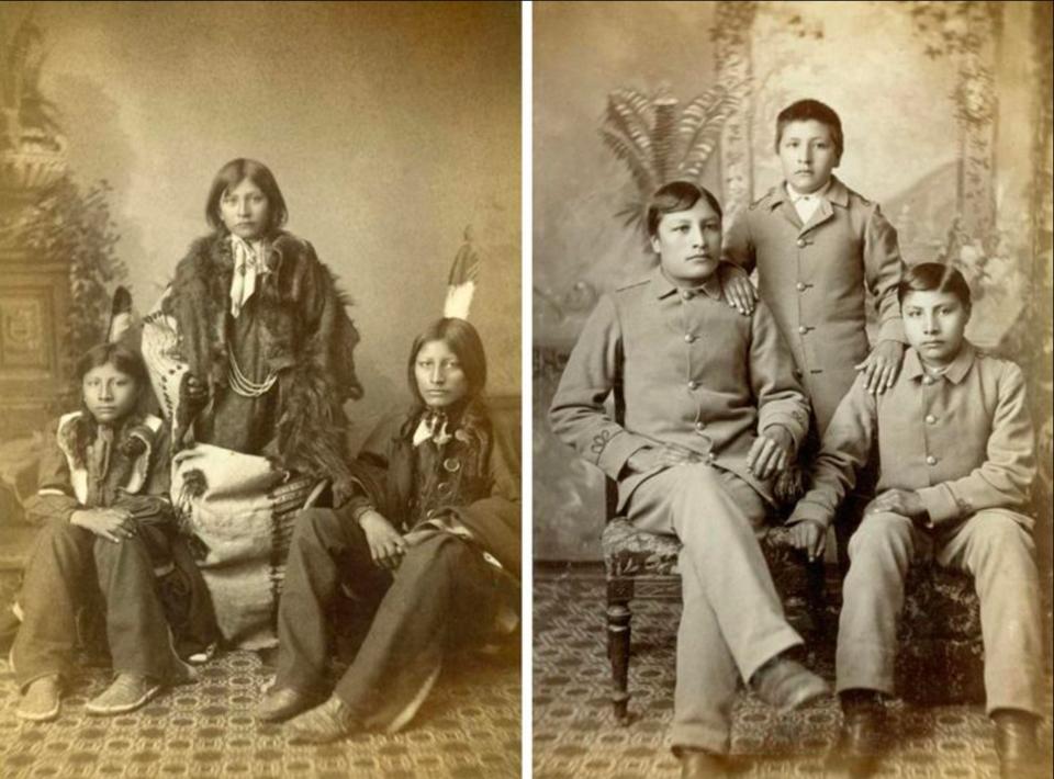  Three Sioux indians as they arrived at the Carlisle Indian School in 1883 and an after snap taken years later