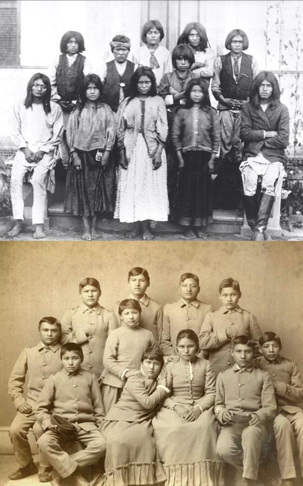  A group of Chiricahua Apaches after arriving from a prison camp in 1887 and a later shot showing them in western-style clothes