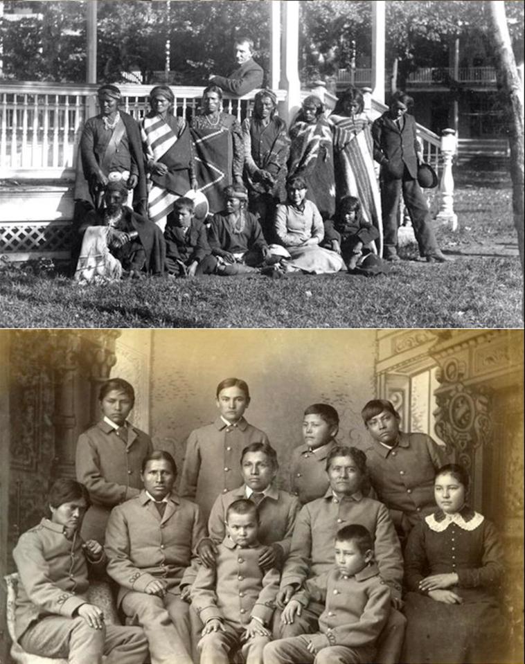  A group of Navajo Native American students in 1882 were when they first arrived and a snap taken years later