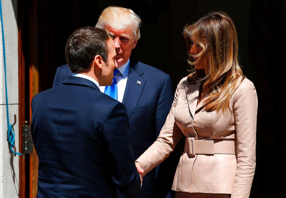 US President Donald Trump and his wife Melania Trump welcome French President Emmanuel Macron