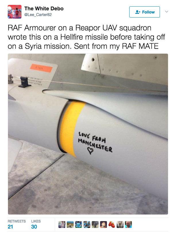  Message scrawled on side of missile is a defiant response to the slaughter in Manchester on Monday night