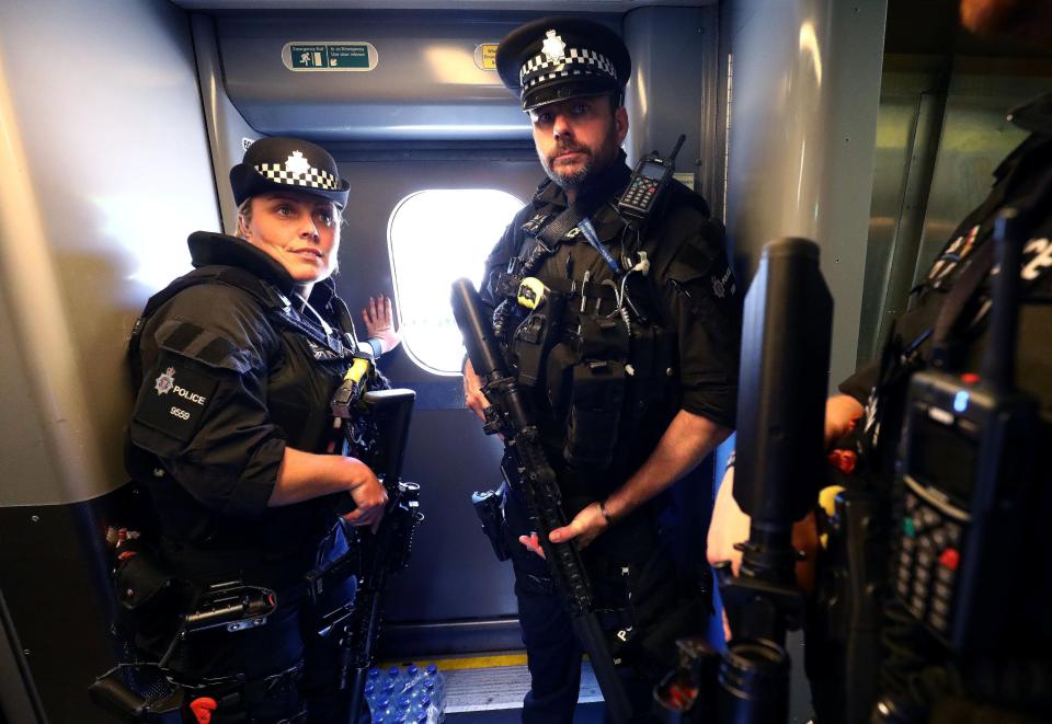  Armed police will patrol trains for the first time after the terror threat was raised to critical