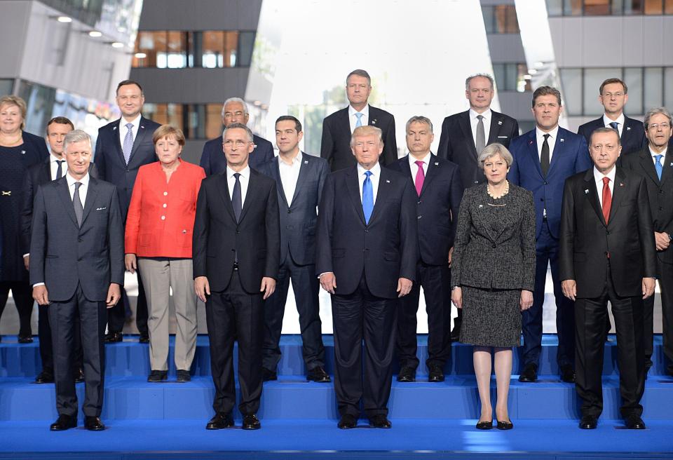  Left to right are German Chancellor Angela Merkel, NATO Secretary General Jens Stoltenberg, US President Donald Trump, Prime Minister Theresa May and President of Turkey Recep Tayyip Erdogan, during the NATO summit