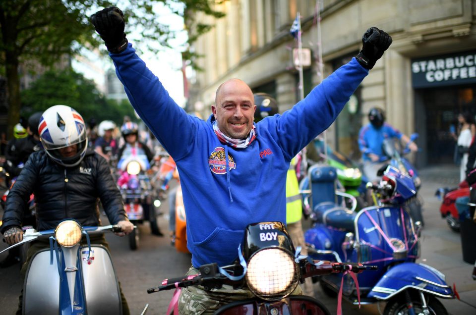  Paul Hodgson, partner of Charlotte Campbell, whose daughter Olivia died in the attack , arrives with fellow scooter riders at St Ann's Square