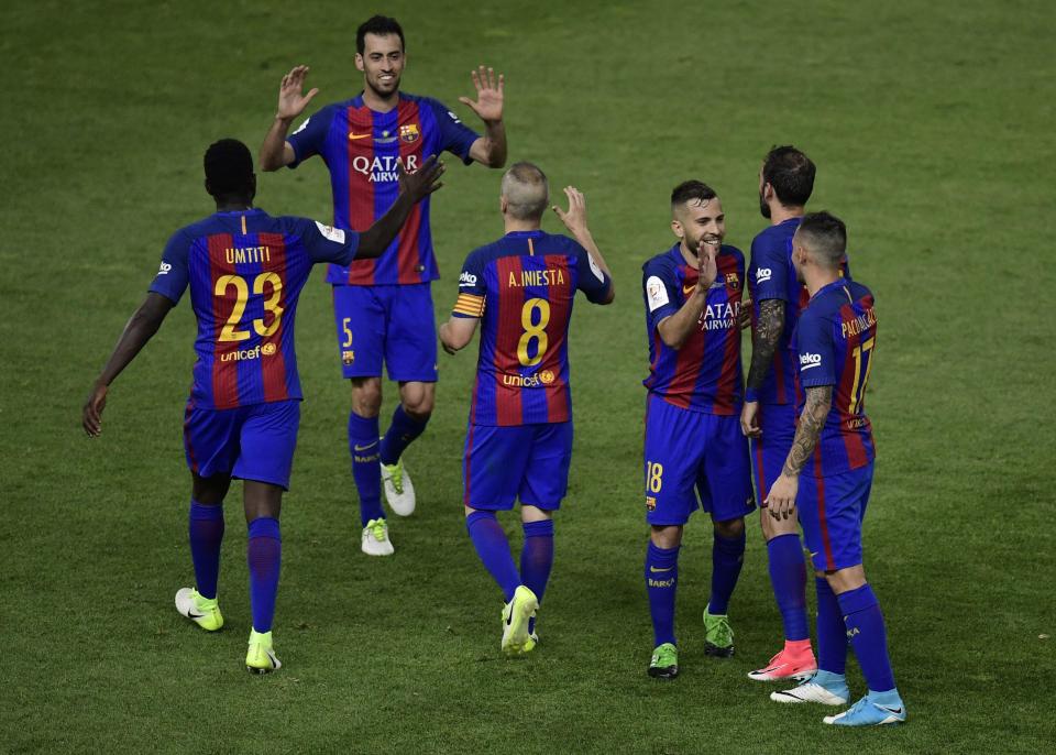  Barcelona players celebrate winning Copa del Rey after the final whistle