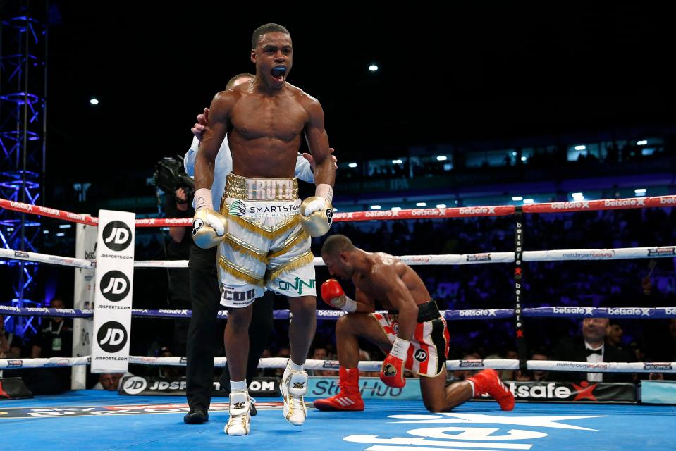  Errol Spence Jr celebrates victory against Kell Brook in Sheffield