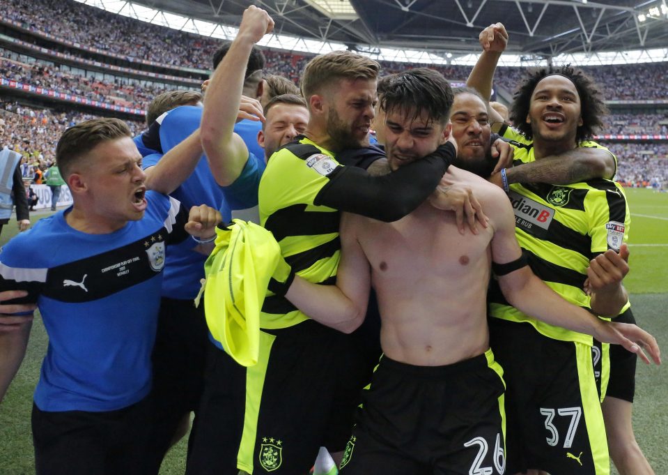  Christopher Schindler is ready to party after firing Huddersfield Town into the Premier League