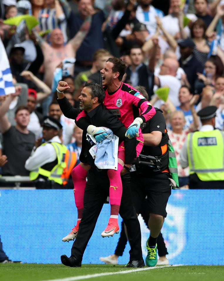  Triumphant Huddersfield duo David Wagner and keeper Danny Ward