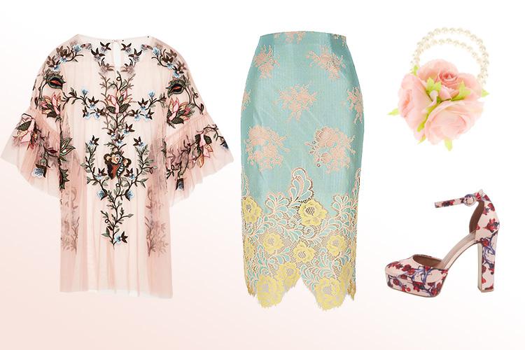  Top, £25.99, Zara; Skirt, £45, River Island; Corsage, £5, Monsoon; Shoes, £34, Topshop