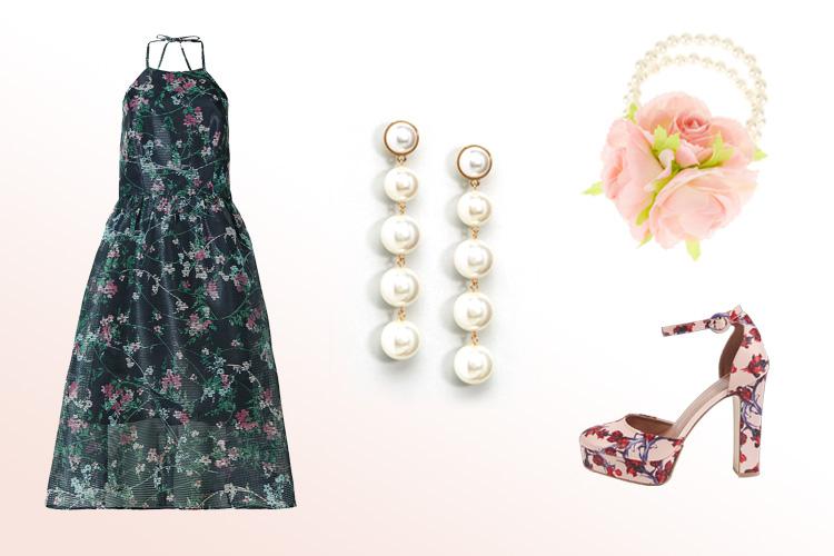  Dress, £59, M&S Collection; Earrings, £6, Asos; Corsage, £5, Monsoon; Shoes, £34, Topshop