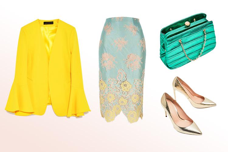  Blazer, £69.99, Zara; Skirt, £45, River Island; Bag, £29.99, Zara; Metallic shoes, £29.99, Zara