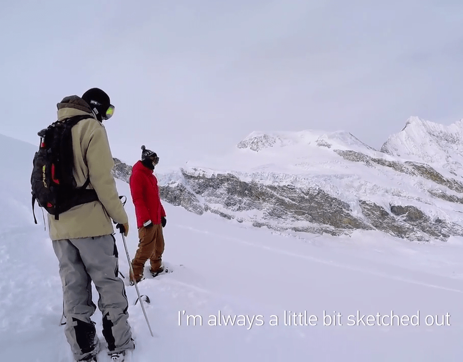 Before he begins his descent, Jamie points towards a crevasse in the distance, but it’s another gap in the glacier which catches him out