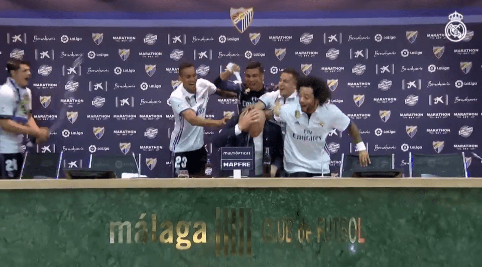  Real Madrid stars Marcelo, Danilo, Lucas Vasquez and Alvaro Morata play the prank on their boss