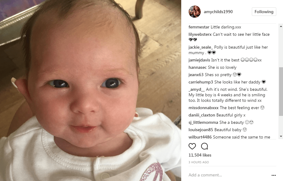  The former Towie star shared an adorable shot of daughter Polly's first smile