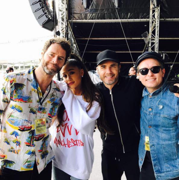  Ariana Grande poses with Take That ahead of the Manchester tribute concert