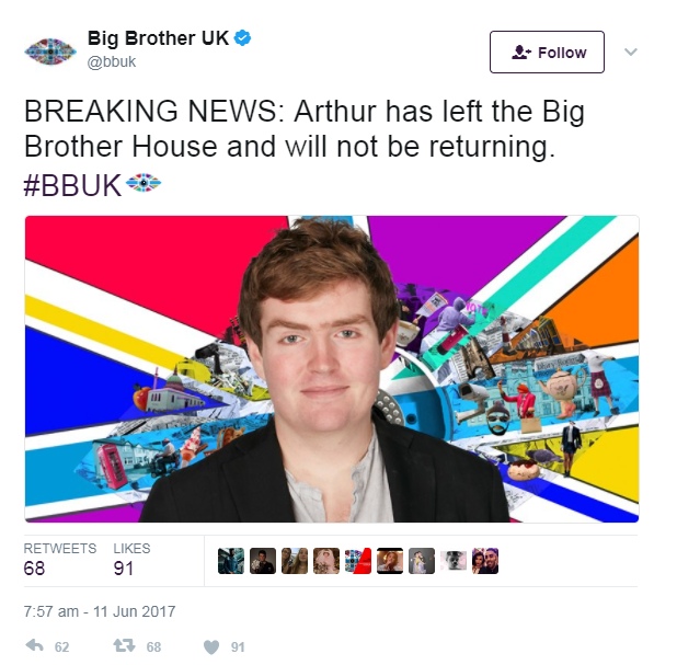  Arthur has left the BIG Brother house under mysterious circumstances