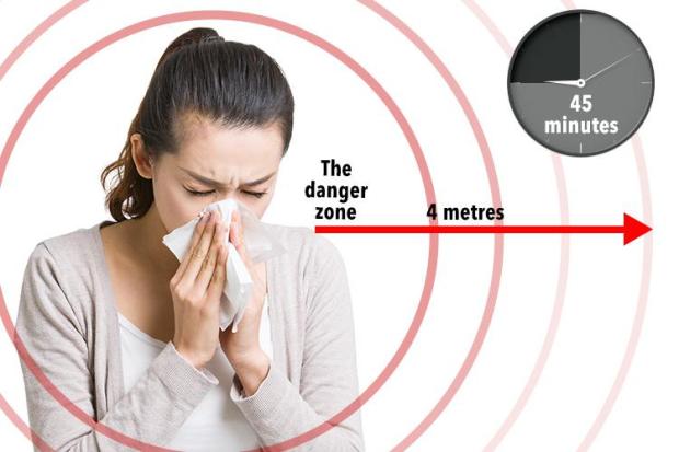 Germs can travel up to four metres when you sneeze and live for as long as 45 minutes