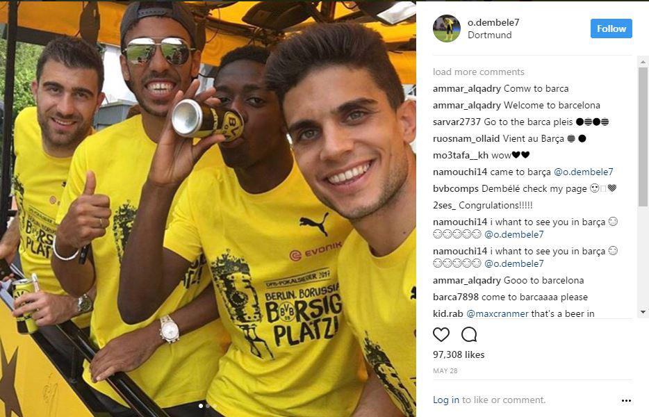  Ousmane Dembele posted this snap on Instagram of him and his team-mates celebrating their cup triumph