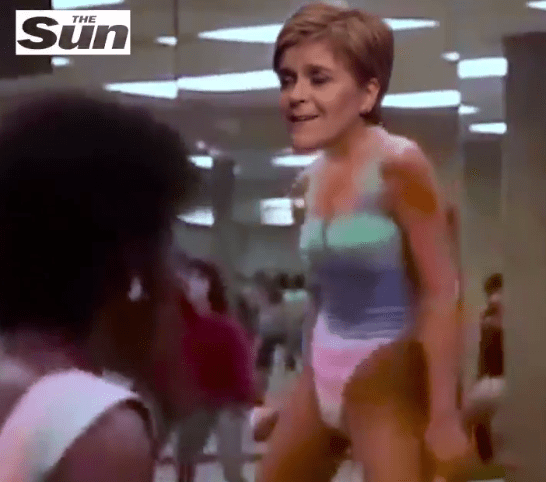 The Scottish First Minister is pictured on the body of a dancer in the hilarious clip