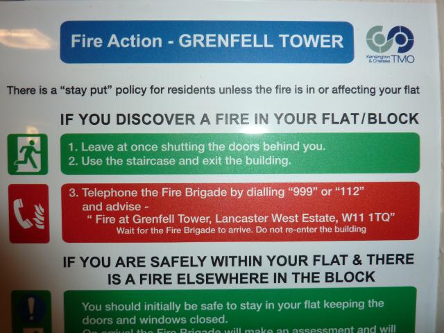 Fire safety notice installed in Grenfell Tower earlier this year explaining the ‘stay put’ policy